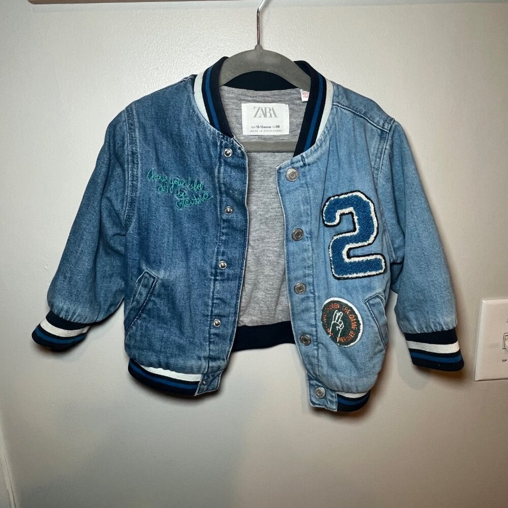 Zara Kids Denim Varsity Jacket with Patches Size 12-18 Months
